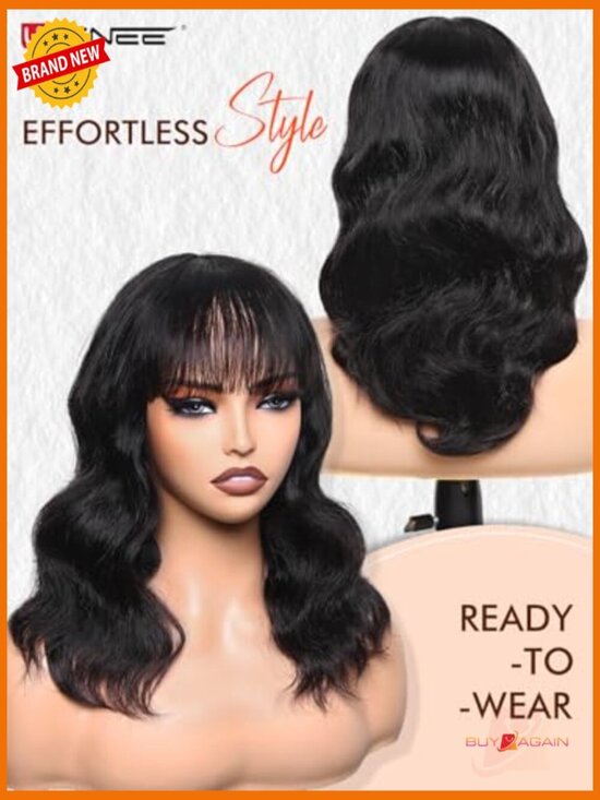 Natural wave wig with bangs 100% human hair medium cap tangle free heat style main image 5